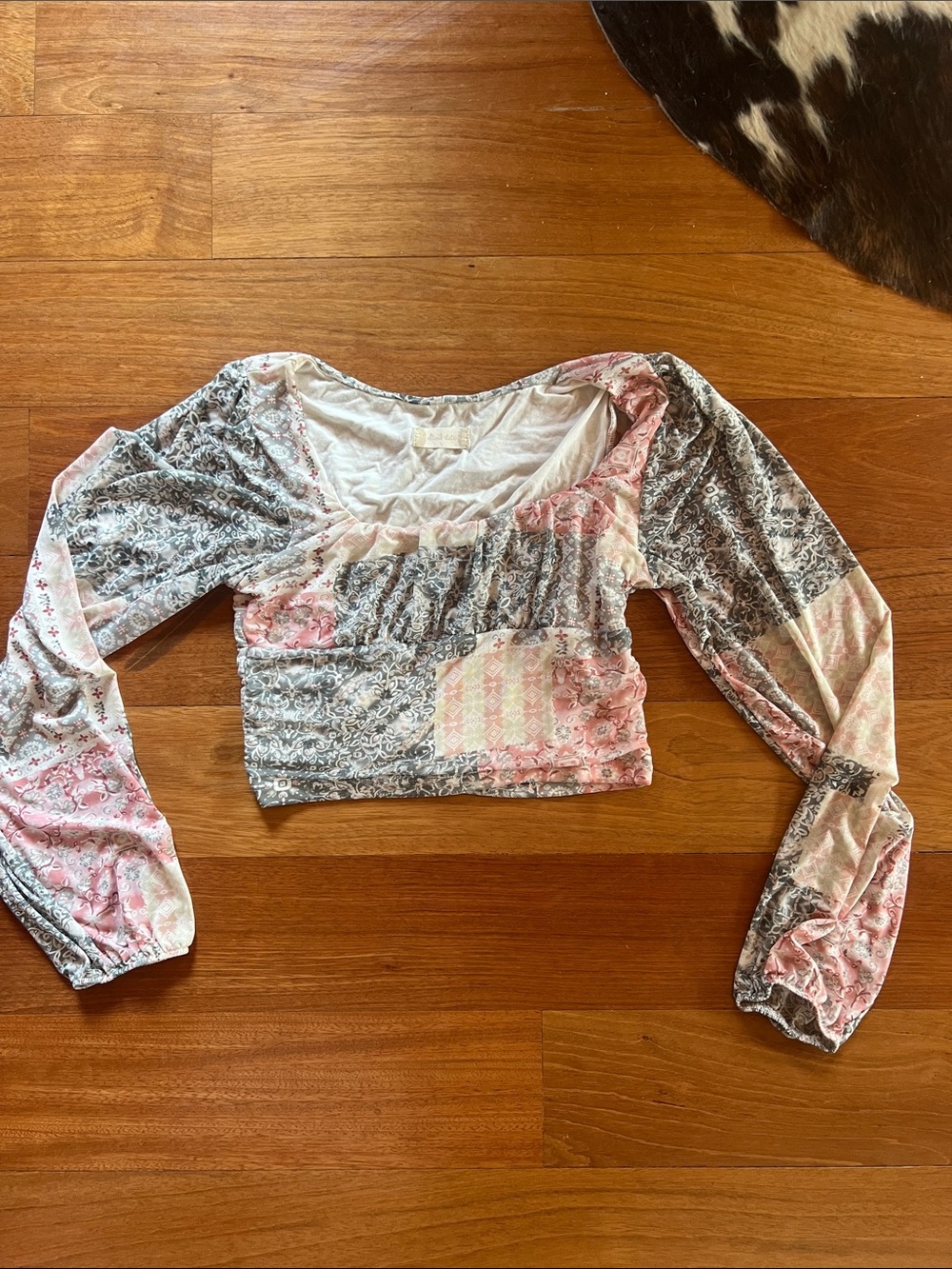 Altar'd State Patchwork Pink and Gray Long Sleeve Crop Top